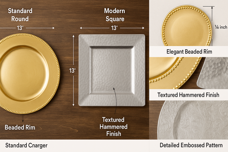 A clear visual guide showcasing common charger plate shapes (standard round, modern square) alongside close-up examples of popular design elements such as elegant beaded rims, textured hammered finishes, and detailed embossed patterns. Accompanying callouts indicate typical dimensions for these design features, aiding precise specification in procurement documents.