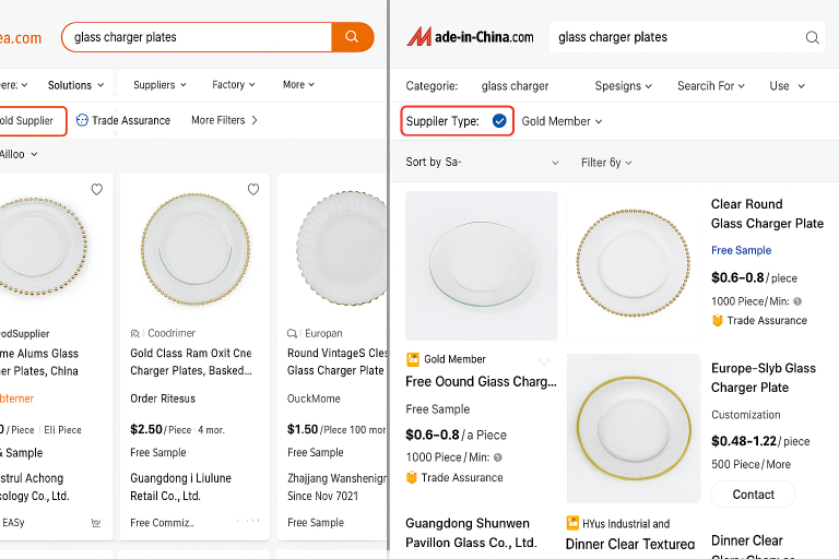 A side-by-side screenshot comparison of search results on leading B2B platforms like Alibaba and Made-in-China when searching for 
