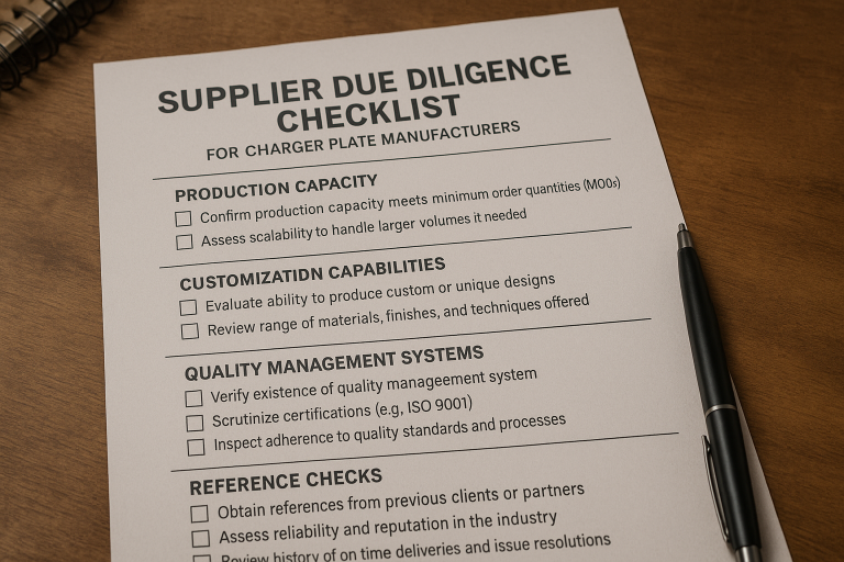 A comprehensive checklist template for conducting basic supplier due diligence, specifically adapted for charger plate manufacturers. It includes critical assessment criteria such as verifying production capacity against MOQs, evaluating customization capabilities for unique designs, scrutinizing Quality Management Systems, and outlining essential reference checks to ensure a reliable partnership.