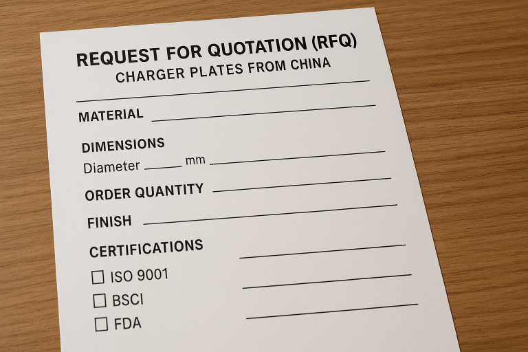 A simplified, yet comprehensive, Request for Quotation (RFQ) template specifically designed for charger plates. The template clearly outlines key sections for detailed material specification, precise dimensional requirements, desired order quantity, specific finish details, and critical quality certifications. This visual aids buyers in structuring their RFQ to elicit accurate and comparable quotes for **custom charger plates from China**.