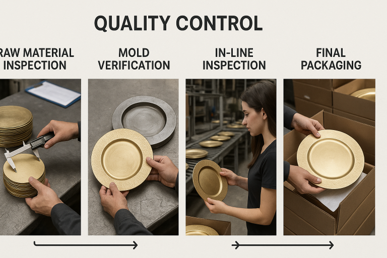 A comprehensive visual flow chart illustrating the critical stages of quality control for charger plate manufacturing. It systematically demonstrates the progression from rigorous raw material inspection and mold verification to in-line production monitoring and meticulous final packaging, highlighting key checkpoints for ensuring consistent product quality.