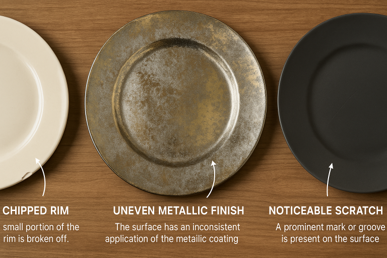 A clear visual demonstrating common quality defects observed in charger plates, including a chipped rim on a ceramic plate, an uneven metallic finish on a glass plate, and a noticeable scratch on a plastic surface. Each defect is annotated with a brief explanation, serving as a practical guide for identifying issues during in-line production inspection.
