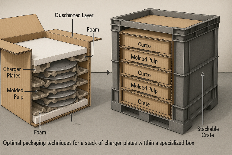 A detailed diagram illustrating optimal packaging techniques for a stack of charger plates within a specialized, multi-layered box. The diagram showcases the strategic placement of cushioning layers (e.g., foam, molded pulp) between individual plates and how multiple such specialized boxes are then securely stacked within a larger, stackable crate for robust bulk shipping, minimizing transit damage for fragile items.