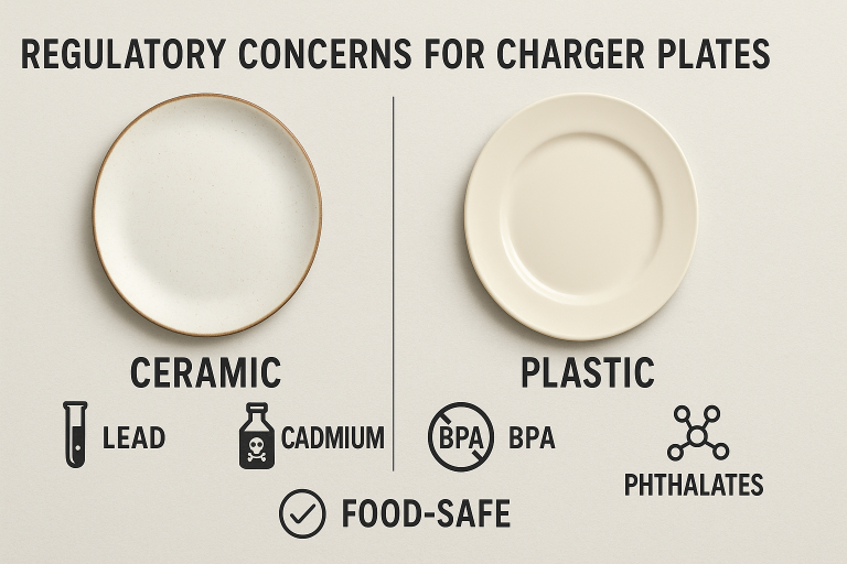 A clear visual summary of common regulatory concerns specifically for charger plates, categorized by material. It includes icons highlighting critical tests for lead and cadmium in ceramics, and BPA and phthalates in plastics, explicitly emphasizing the importance of 