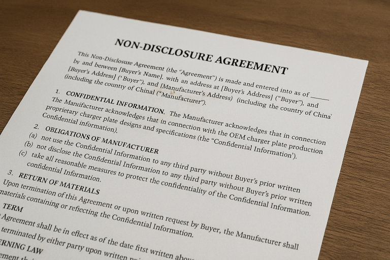 A template illustrating a simple yet effective Non-Disclosure Agreement (NDA) specifically tailored for sharing confidential custom charger plate designs and specifications with a potential manufacturer in China. The template highlights key clauses designed to protect the buyer's intellectual property and prevent unauthorized use or disclosure of their unique designs during the **charger plates OEM** process.