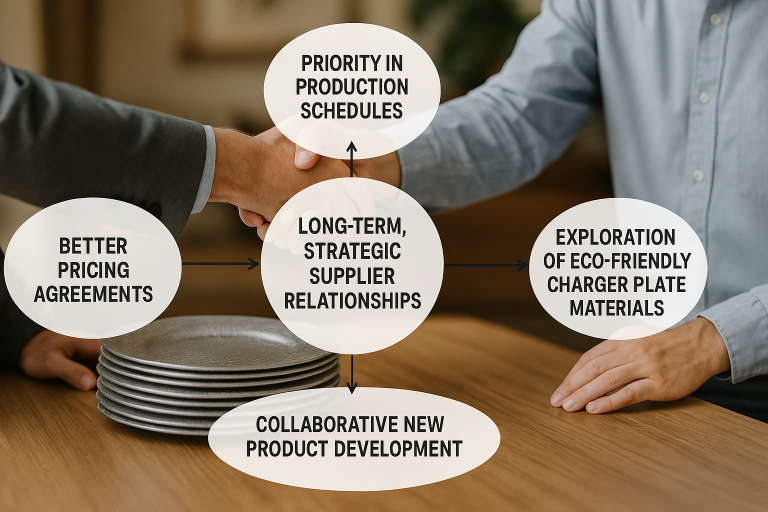 A conceptual diagram illustrating the synergistic benefits of cultivating long-term, strategic supplier relationships for charger plates. The diagram highlights key advantages such as securing better pricing agreements, gaining priority in production schedules, and fostering collaborative new product development initiatives, including the exploration of novel eco-friendly charger plate materials, all contributing to a more resilient supply chain.