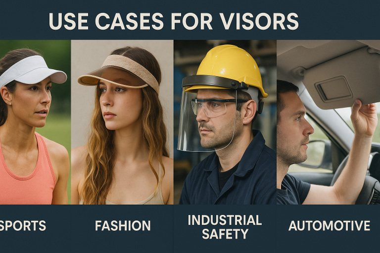 An infographic illustrating the diverse applications of visors, from sports and fashion to industrial safety and automotive, emphasizing the varied requirements for each category, providing a macro view of the market segmentation discussed.