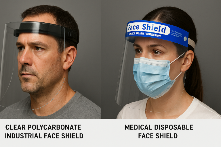 A visual comparison of a clear polycarbonate industrial face shield and a medical disposable face shield, highlighting their material differences and intended applications for protective visors.