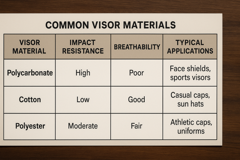 A comparative table illustrating common visor materials like Polycarbonate, Cotton, and Polyester, highlighting their key properties such as impact resistance, breathability, and typical applications to assist in strategic material selection.