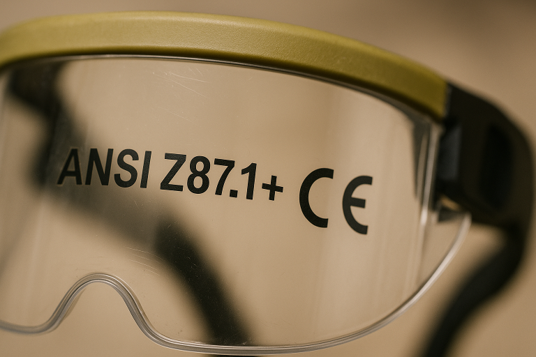 A visual representation of common safety compliance logos for visors (ANSI Z87.1+, CE Mark), illustrating the importance of certified protective gear and the specific markings to look for.