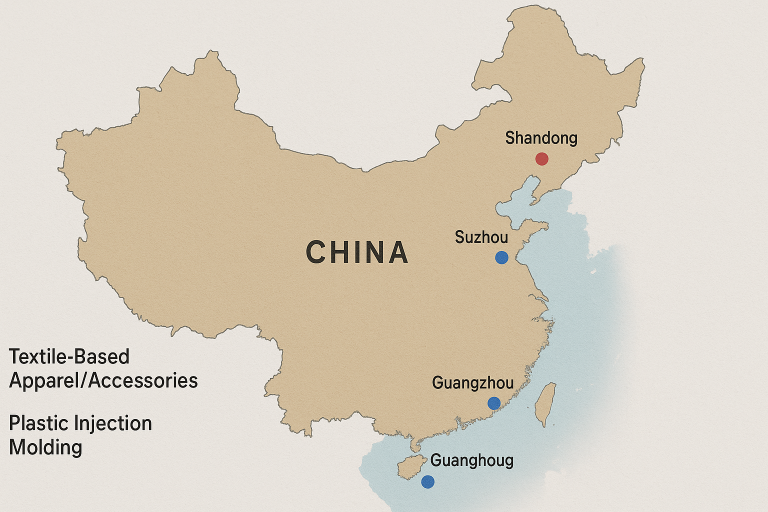 A simplified map of China highlighting key manufacturing clusters for textile-based apparel/accessories and plastic injection molding, serving as a strategic guide for initial supplier search targeting specific visor types.