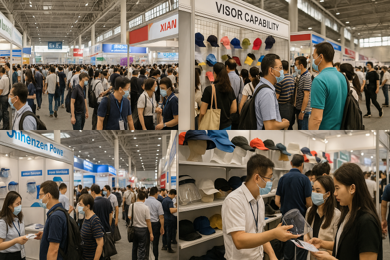 A collage of images depicting bustling trade show floors in China, emphasizing the strategic importance of direct engagement for sourcing visors and building supplier relationships.