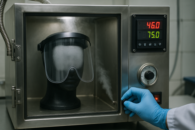 A laboratory setting image showing a fog chamber test being performed on a protective visor, emphasizing the importance of performance testing for anti-fog features and ensuring product reliability before bulk order China visors production.
