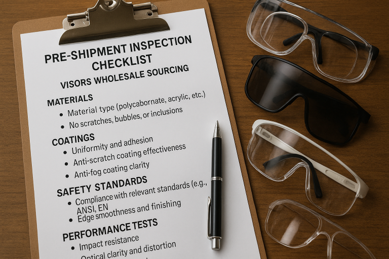 A detailed pre-shipment inspection checklist for various visor types, emphasizing specific quality checks for materials, coatings, safety standards, and performance tests for bulk **visors wholesale sourcing**.