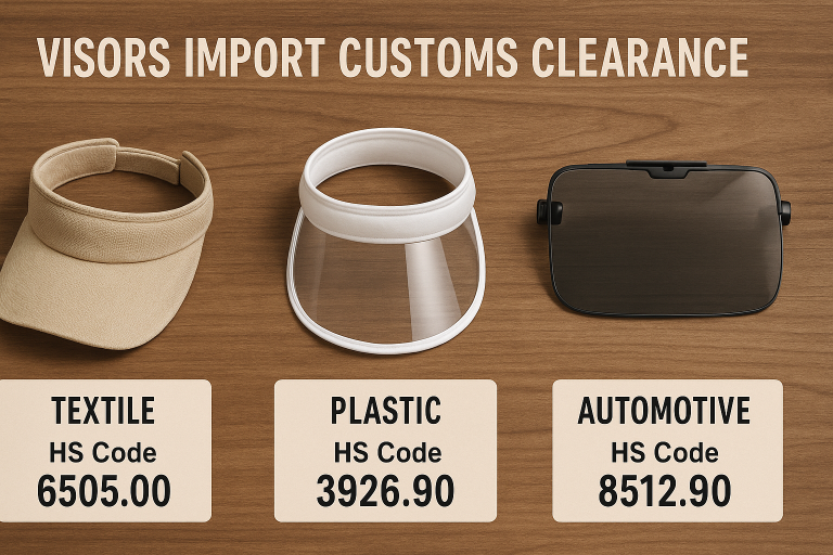 A visual guide to common HS codes for different types of visors (textile, plastic, automotive), illustrating the importance of correct product classification for import duties and smooth **visors import customs clearance**.