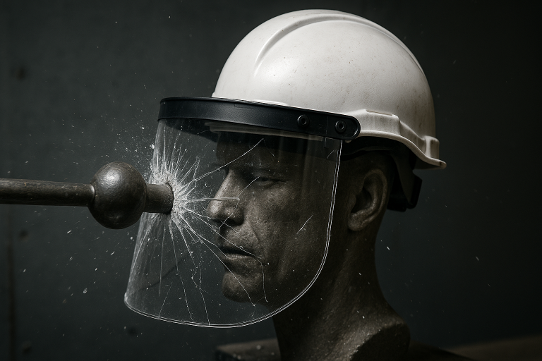 A visual representation of a safety visor failing an impact test, symbolizing the critical risk of sourcing substandard protective gear and the importance of stringent testing for **visors safety gear**.
