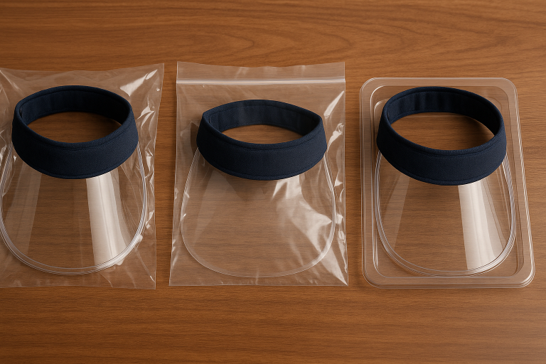 A visual representation of different packaging types suitable for visors (e.g., individually bagged, flat-packed in polybags, custom-molded trays), highlighting solutions for minimizing shipping costs and protecting product integrity in **visors international logistics**.