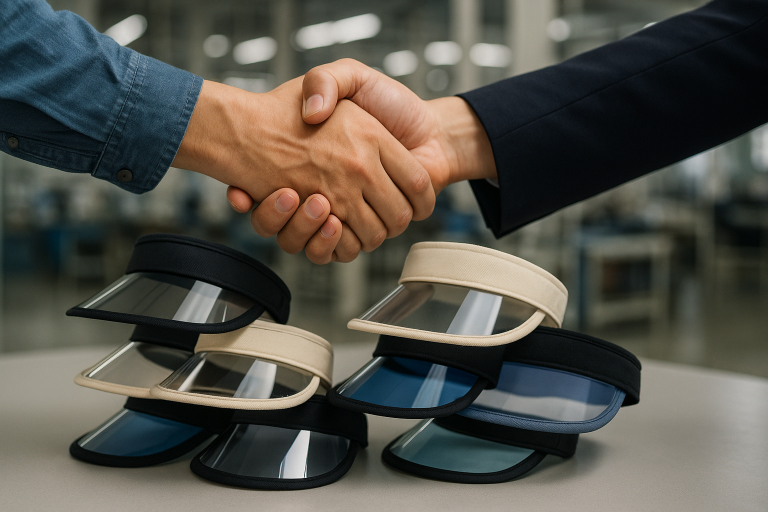 A handshake over a stack of various visor types, symbolizing strong supplier relationships and collaborative innovation in **visors OEM custom factory China** scenarios.