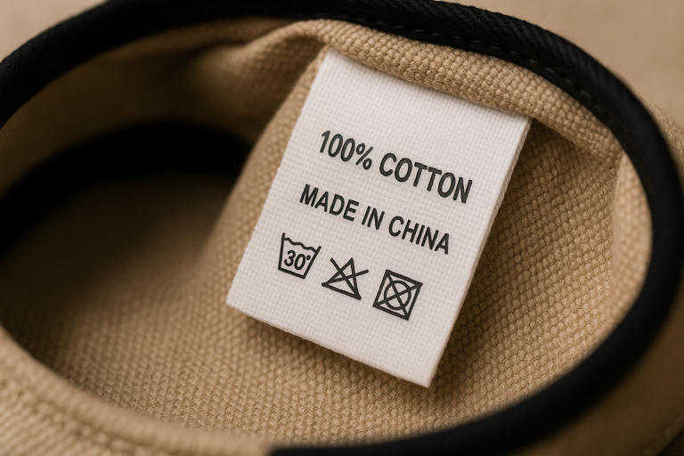 A close-up of a textile visor label showing material composition, emphasizing the need for authentic material verification during **visors supplier screening**.