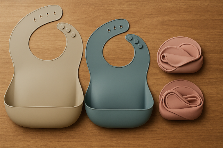 A visual comparison of different foldable silicone baby bibs, highlighting their integrated food-catching pockets and how their flexibility aids in compact storage for shipping efficiency, a key factor I consider for logistics.