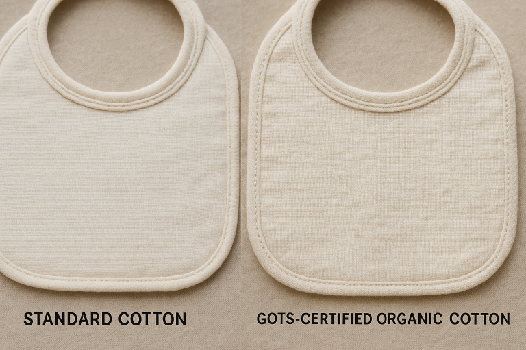 A side-by-side comparison illustrating the weave and texture of standard cotton versus GOTS-certified organic cotton for baby bibs, emphasizing visual cues for quality and ethical sourcing, which is crucial for my clients.