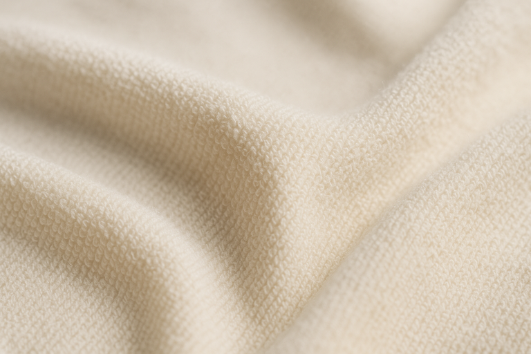 Close-up macro photograph of bamboo fabric used in baby bibs, showcasing its soft, subtle texture and distinguishing it from other materials, a detail I often verify during material inspection.