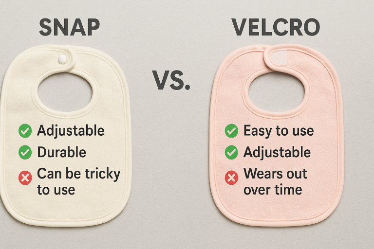 Infographic comparing snap closure mechanisms vs. Velcro closures on baby bibs, detailing the pros and cons of each in terms of adjustability, durability, and user convenience, a point I frequently discuss with manufacturers.