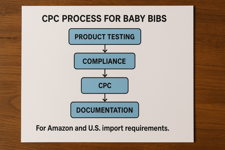 A simplified flow chart illustrating the process of obtaining a Children's Product Certificate (CPC) for baby bibs, from initial product testing to generating the final documentation, crucial for meeting Amazon and U.S. import requirements.