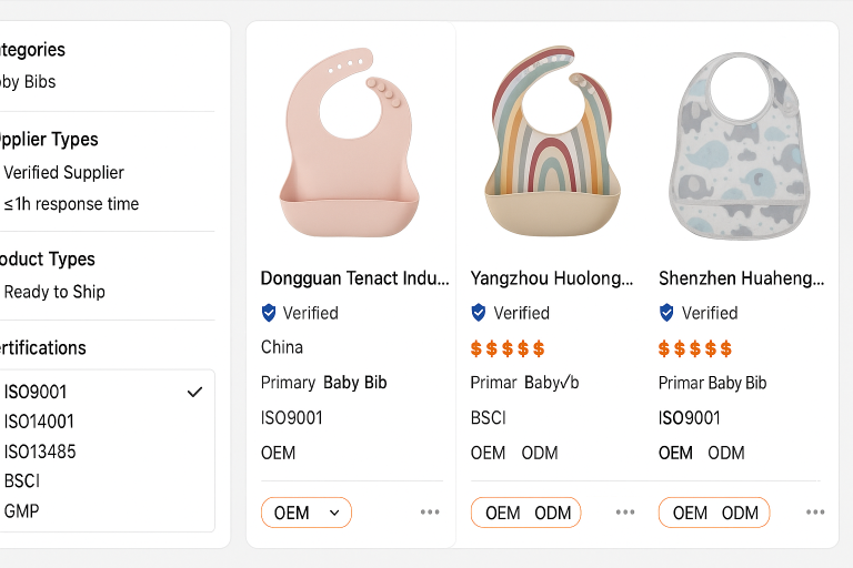 A screenshot example of filtering suppliers on a B2B platform (e.g., Alibaba) to find specialized baby bibs manufacturers with verified certifications and OEM capabilities, showcasing how I narrow down options.