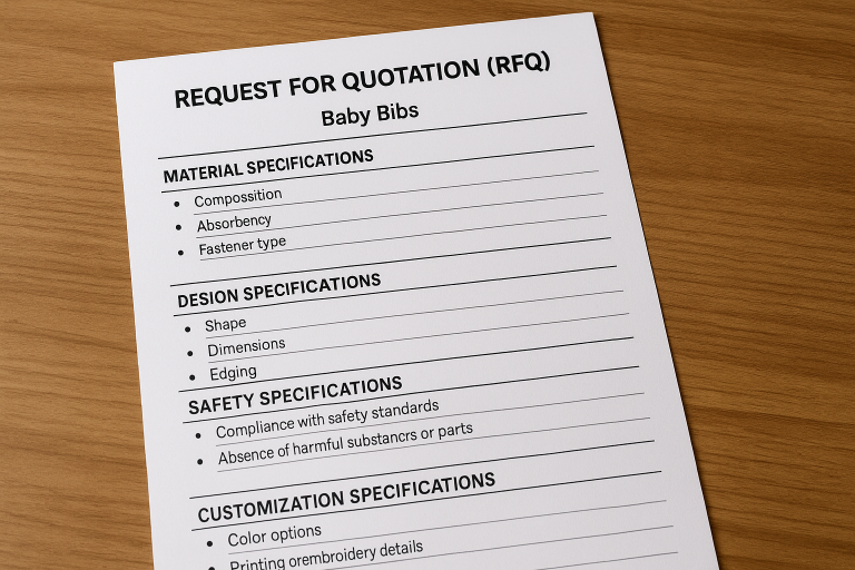 A template for a Request for Quotation (RFQ) specifically for baby bibs, showing sections for detailed material, design, safety, and customization specifications, which I adapt for each project.