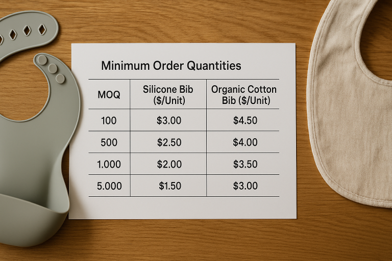 A table comparing MOQ levels and their impact on unit pricing for different types of baby bibs (e.g., silicone vs. organic cotton), demonstrating how I strategize orders to balance cost-efficiency with inventory management.