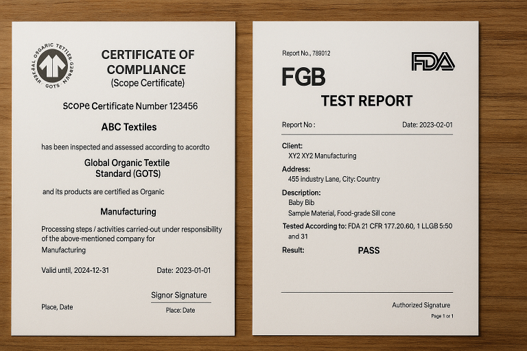 Sample certificates (e.g., GOTS for organic cotton, FDA/LFGB for food-grade silicone) that a baby bibs supplier should provide, highlighting key information to verify, a document I always review personally.