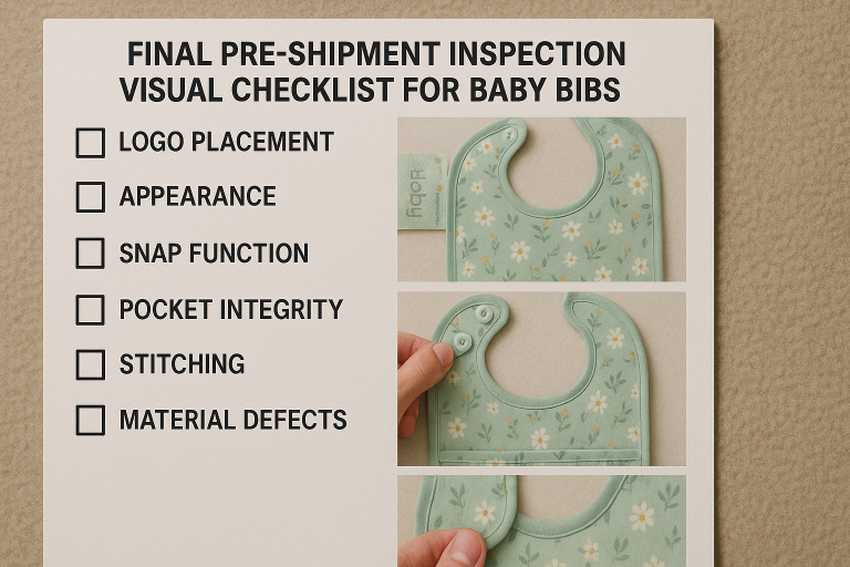 A visual checklist for final pre-shipment inspection of baby bibs, detailing common visual and functional checks (e.g., logo placement, snap function, pocket integrity), a tool I provide to my inspection teams.