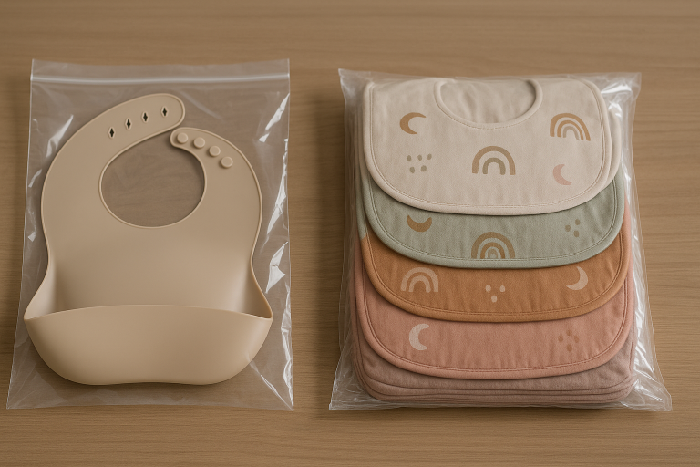 Photos showing various packaging methods for baby bibs: a) silicone bibs folded compactly for shipping efficiency, b) fabric bibs neatly stacked and compressed, illustrating optimal space-saving techniques for reduced freight costs.