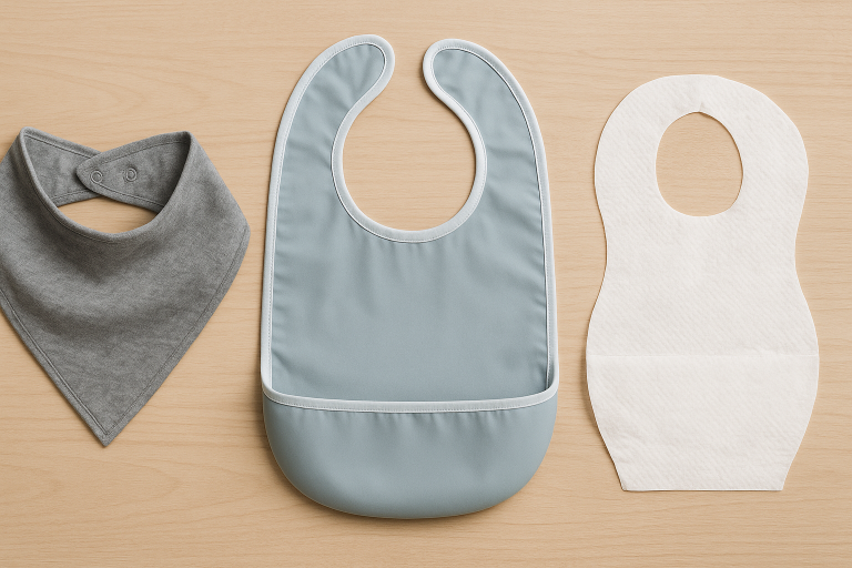 A collage showcasing swatches of different baby bib materials including soft organic cotton, smooth food-grade silicone, and textured bamboo fabric, to illustrate material diversity.