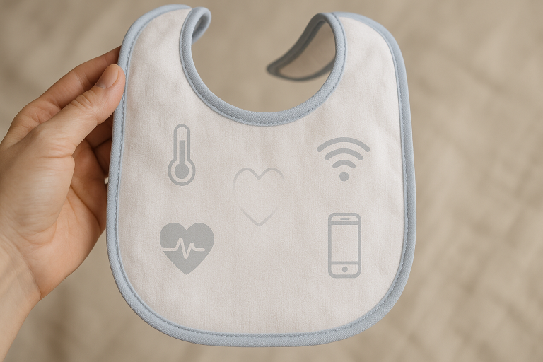 A conceptual drawing depicting a 'smart bib' with subtle, integrated sensor icons, illustrating how technology could enhance traditional baby bib functionality for future product lines.