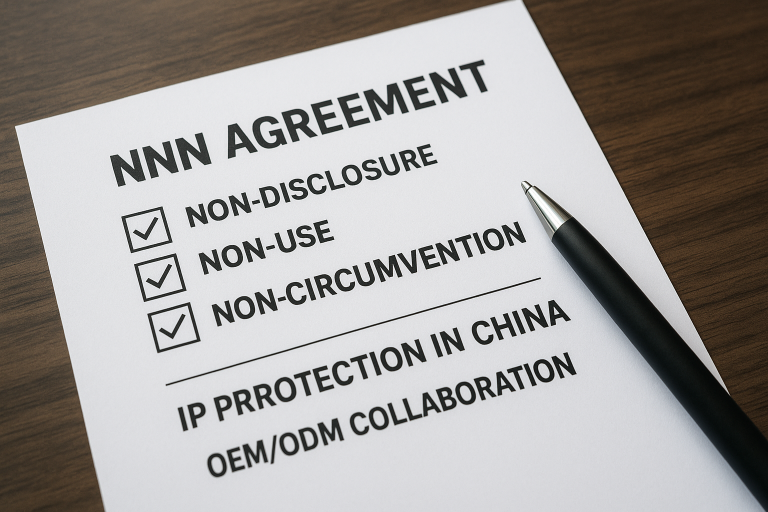 A simplified visual representing key clauses of a Non-Disclosure, Non-Use, Non-Circumvention (NNN) agreement, highlighting the importance of IP protection during OEM/ODM collaborations in China.