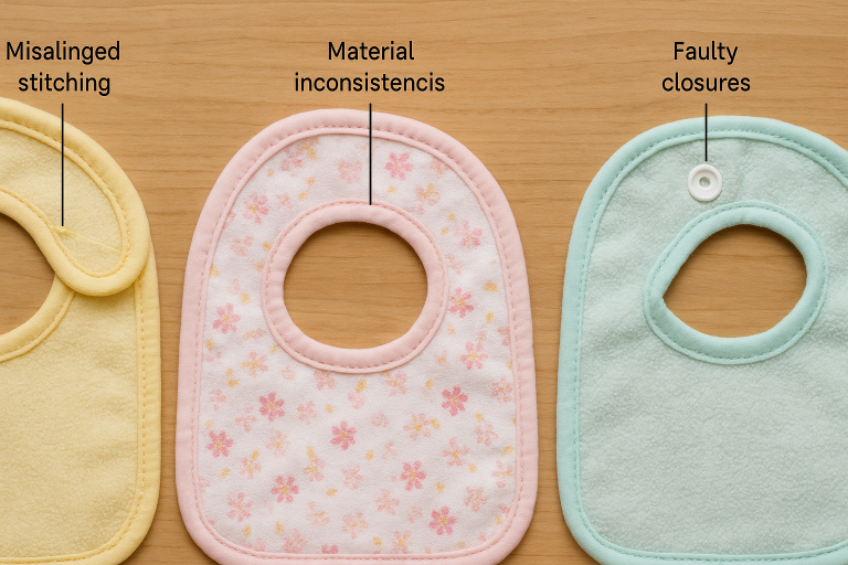 A visual guide to common quality defects in baby bibs, such as misaligned stitching, material inconsistencies, and faulty closures, aiding in early identification during quality control checks.