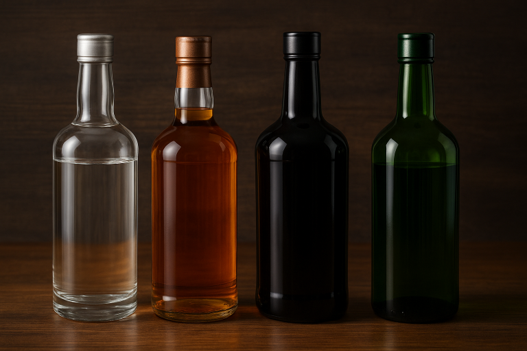 A side-by-side comparison illustrating clear flint glass versus dark brown and green glass liquor bottles, highlighting the difference in light transmission properties and aesthetic presentation for various spirits.