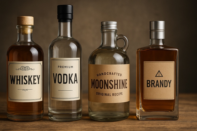 A visual collage showcasing diverse liquor bottle shapes: a classic Boston Round, a sleek Nordic Spirits Round, a traditional Moonshine Round, and a modern rectangular flask design, illustrating their branding potential.