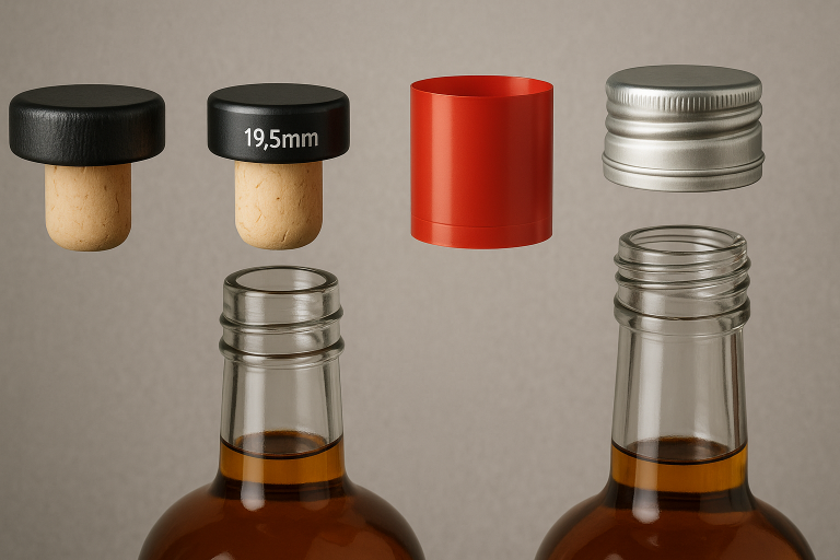 An exploded view diagram illustrating various liquor bottle closure types, including a T-shaped cork, a specific bar top (19.5mm) for precise fitting, a heat shrink band for tamper-evidence, and an aluminum screw cap, clearly showing their components and intended fit on a bottle neck.