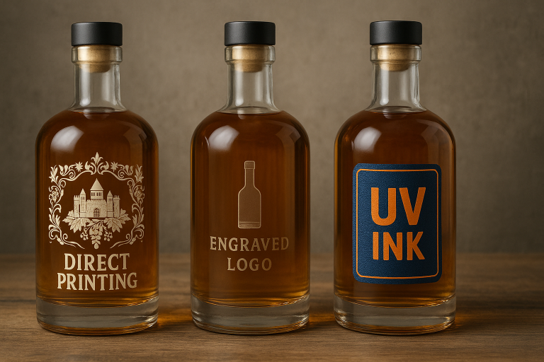 Examples of custom liquor bottle decoration, showcasing the distinct visual effects of different techniques: one with elaborate direct printing using ceramic ink for durability, another with a subtle yet premium engraved logo, and a third demonstrating a vivid, tactile UV ink effect for enhanced branding.