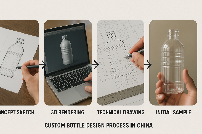 A flowchart illustrating the custom bottle design process in China, detailing the sequential steps from initial concept sketch, through 3D rendering and technical drawing, mold creation, to initial sample production for client approval.