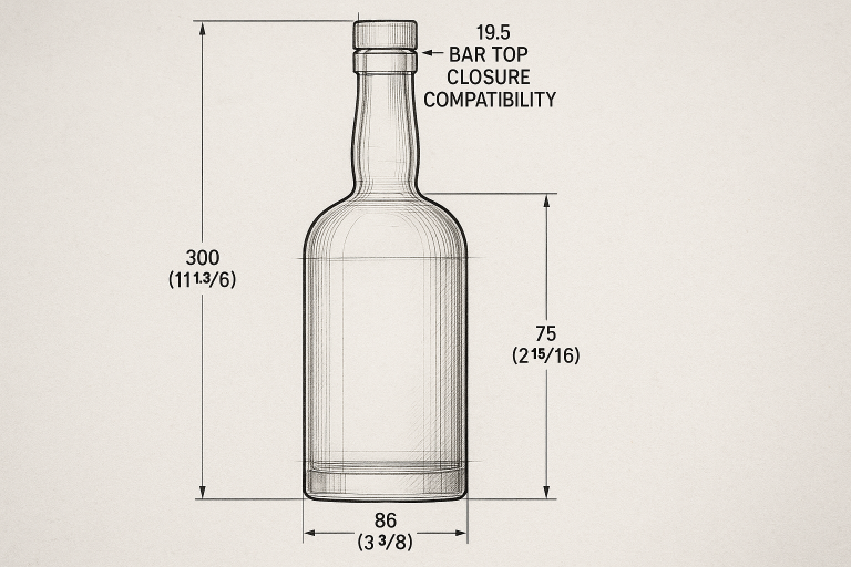 An example of a highly detailed technical drawing for a liquor bottle, highlighting critical dimensions for the body, neck, and specific measurements for features like the 19.5mm bar top closure compatibility, essential for precise manufacturing and fitment.