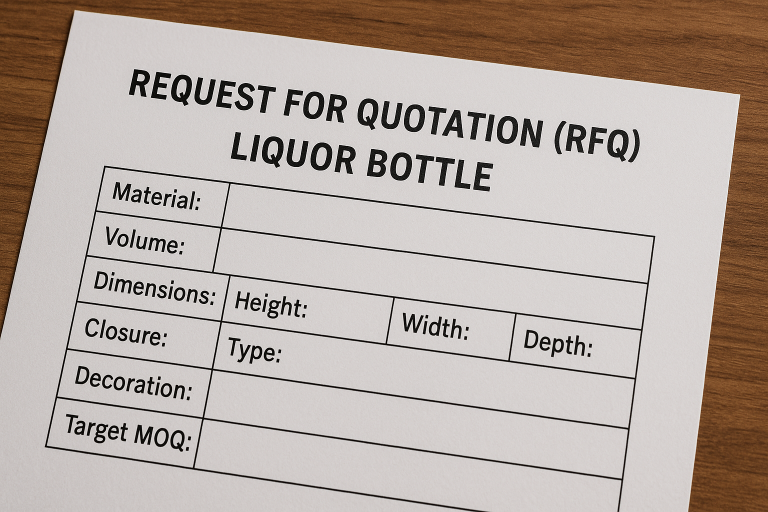 A sample Request for Quotation (RFQ) template specifically designed for liquor bottles, featuring clear fill-in fields for material type, volume, precise dimensions, closure type and size, decoration method, and target Minimum Order Quantity (MOQ), serving as a practical guide for buyers.