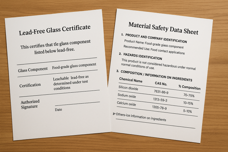 An example of a generic Lead-Free Glass Certificate alongside a Material Safety Data Sheet (MSDS) for a food-grade glass component, illustrating key sections relevant to compliance verification and chemical composition.