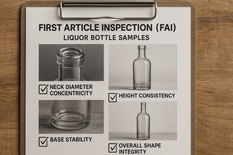 A visual checklist for First Article Inspection (FAI) of liquor bottle samples, including critical checkpoints for neck diameter concentricity, height consistency, base stability, and overall shape integrity, guiding a thorough pre-production assessment.