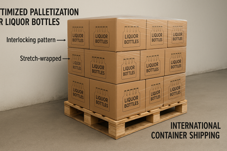 A detailed diagram illustrating optimized palletization for liquor bottles, demonstrating how cases are systematically stacked in an interlocking pattern and then stretch-wrapped for maximum stability and protection during international container shipping.