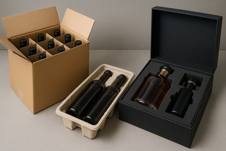 Photos depicting various protective packaging solutions for liquor bottles: a standard case with cardboard dividers, a molded pulp tray for individual bottle protection, and a custom foam insert specifically designed for high-value luxury bottles and their premium components.