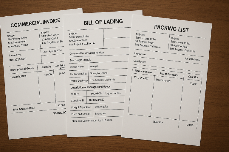A mock-up of key shipping documents essential for liquor bottles from China: a Commercial Invoice detailing goods and value, a Bill of Lading for sea freight, and a Packing List indicating contents and quantities, highlighting essential information fields for customs clearance.